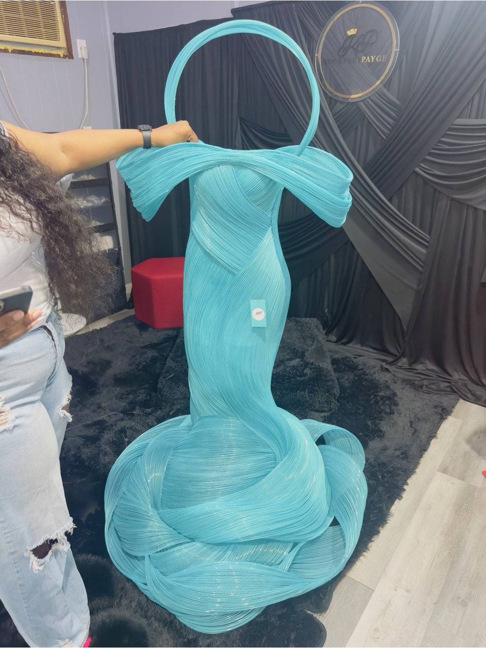 Prom African Wired Dress Aqua Pleated Decorative Fabric Accent - Unbranded